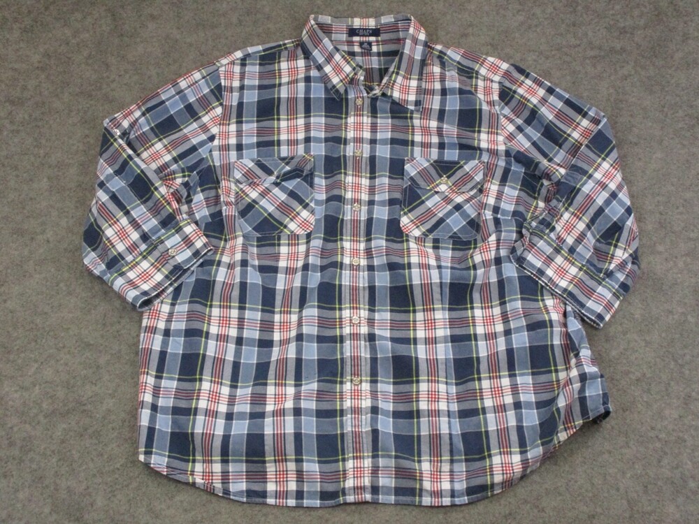 Chaps Shirt Womens 3X Blue Red Button Up Plaid 3 Quarter Sleeve Cotton Top